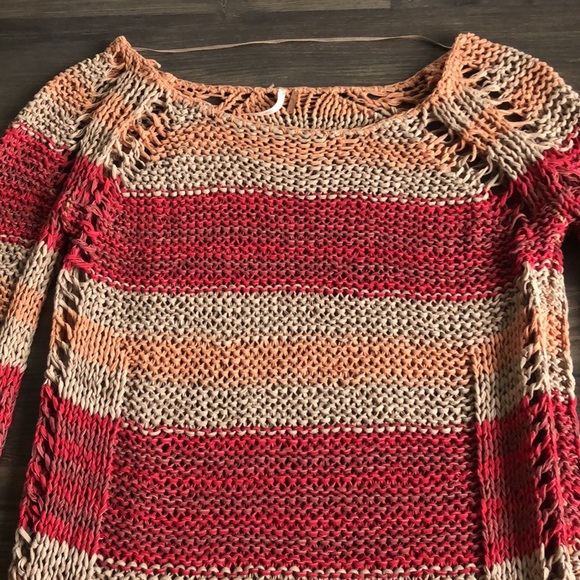 Free People Desert Moon Sweater Open Knit Red Stripe Cotton XS Fishermancore - Picture 3 of 15